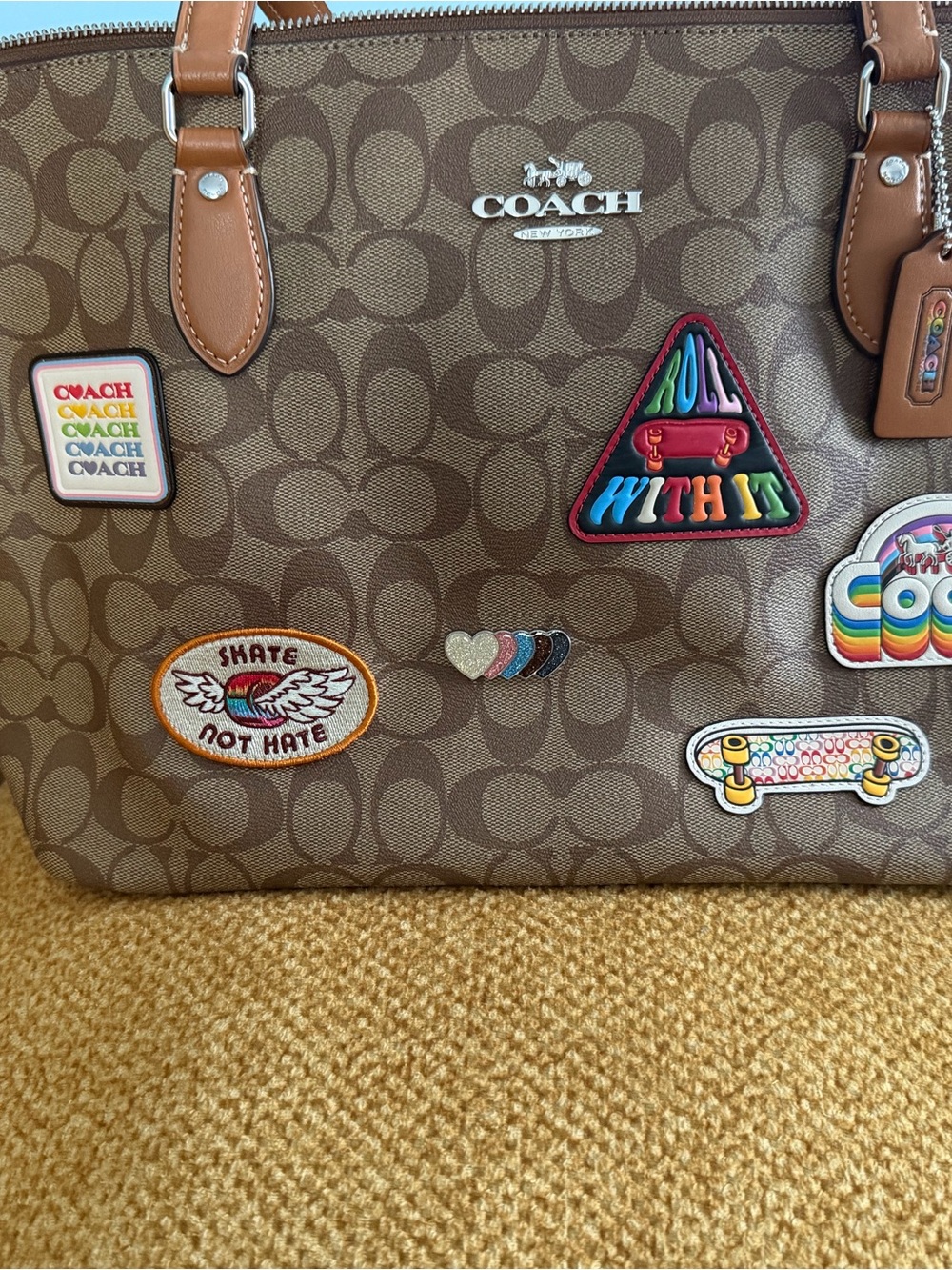 Coach Brown Signature Canvas Tote with Colorful Patch Accents